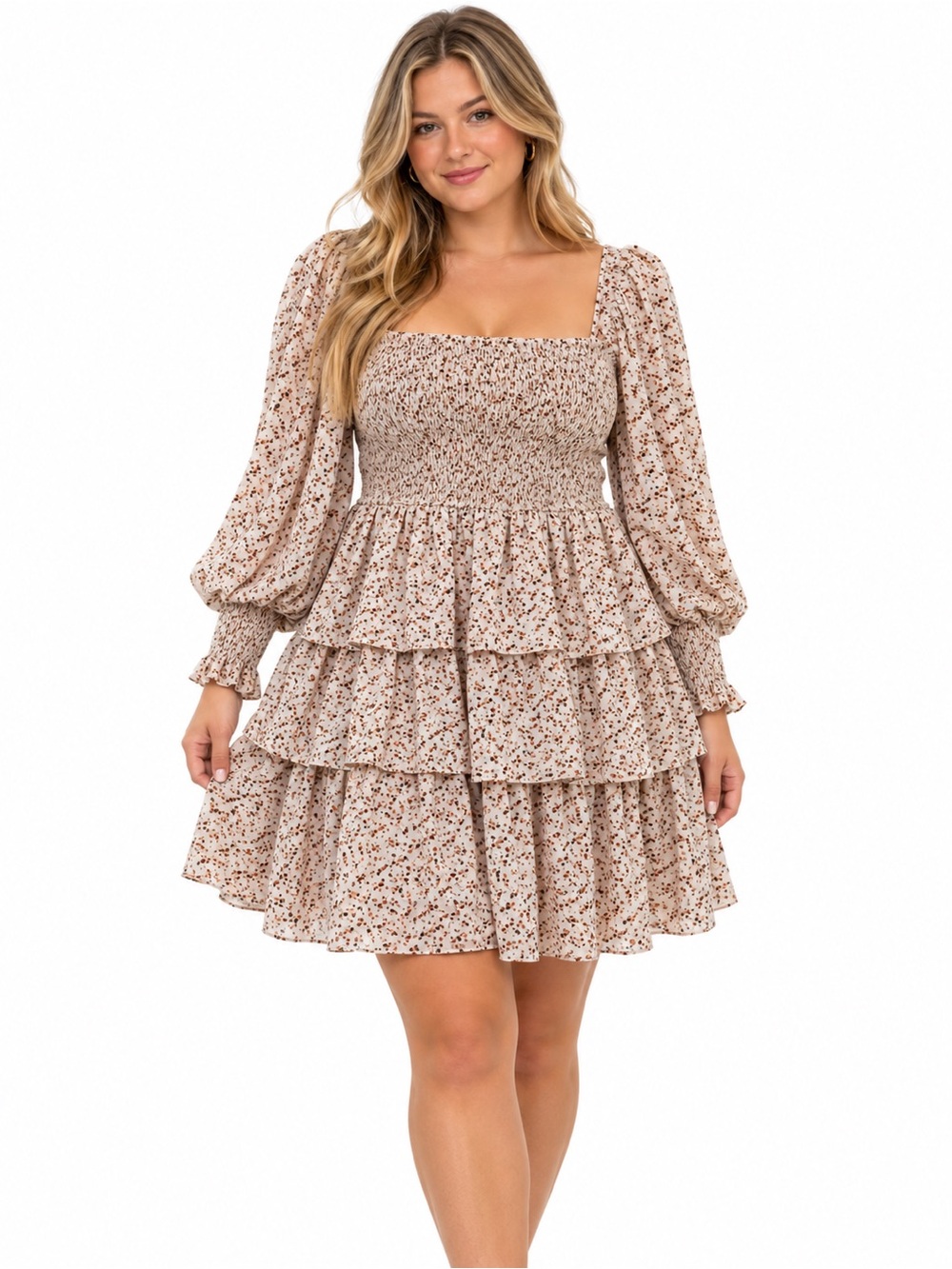 Tan & Brown Floral Smocked Tiered Dress Size XXL